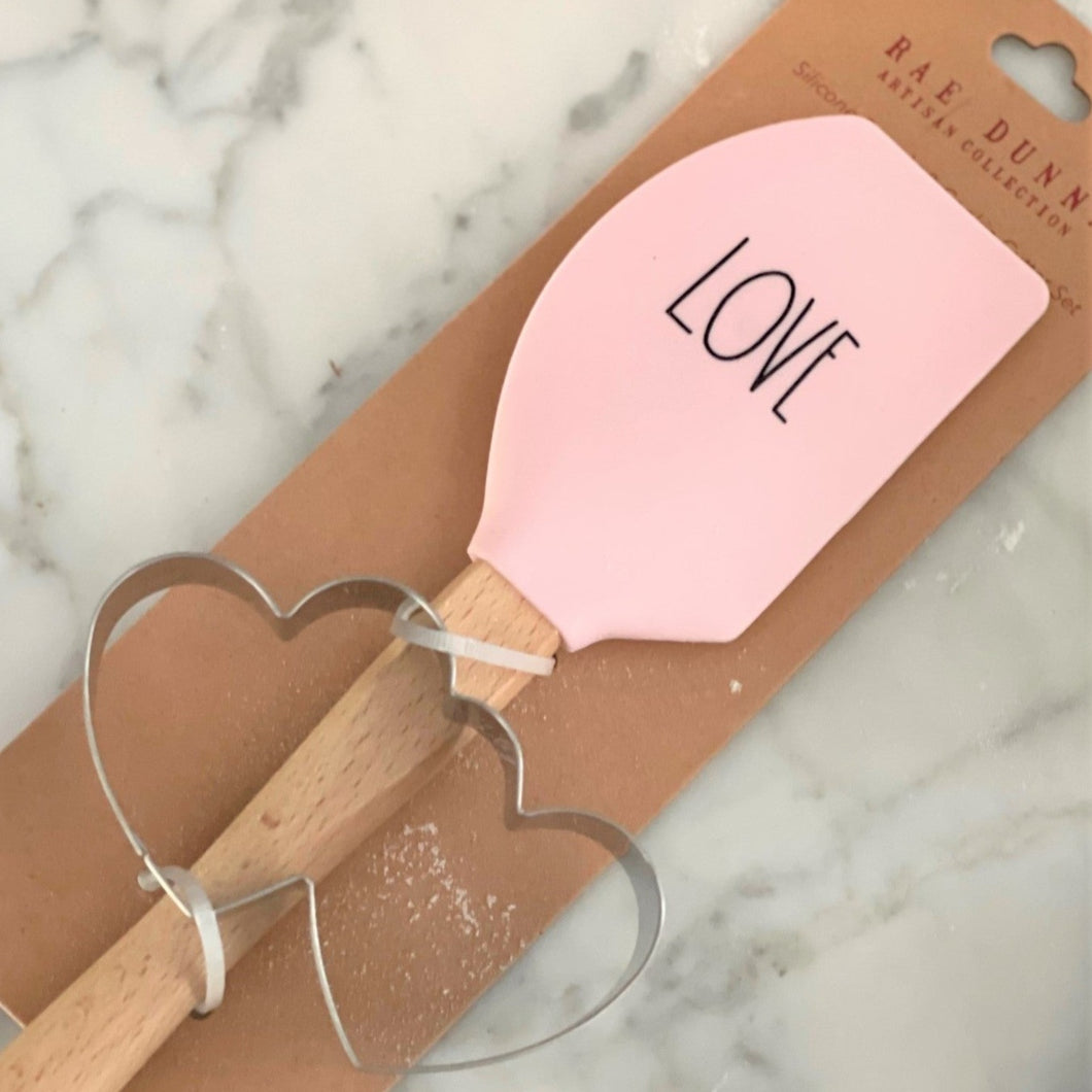 Pink silicone spatula with LOVE by Rae Dunn